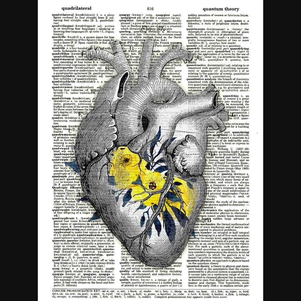 Yellow Anatomy Heart Vintage Dictionary Art Print Medical Floral Wall Decor